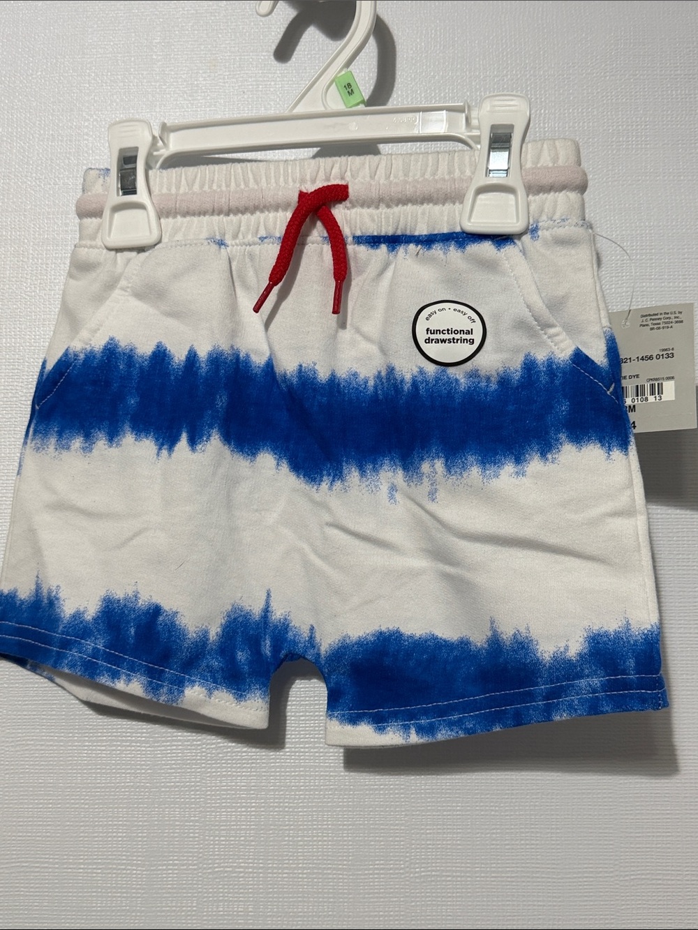 okie dokie White and Blue Tie-Dye Kids Shorts with Red Drawstring